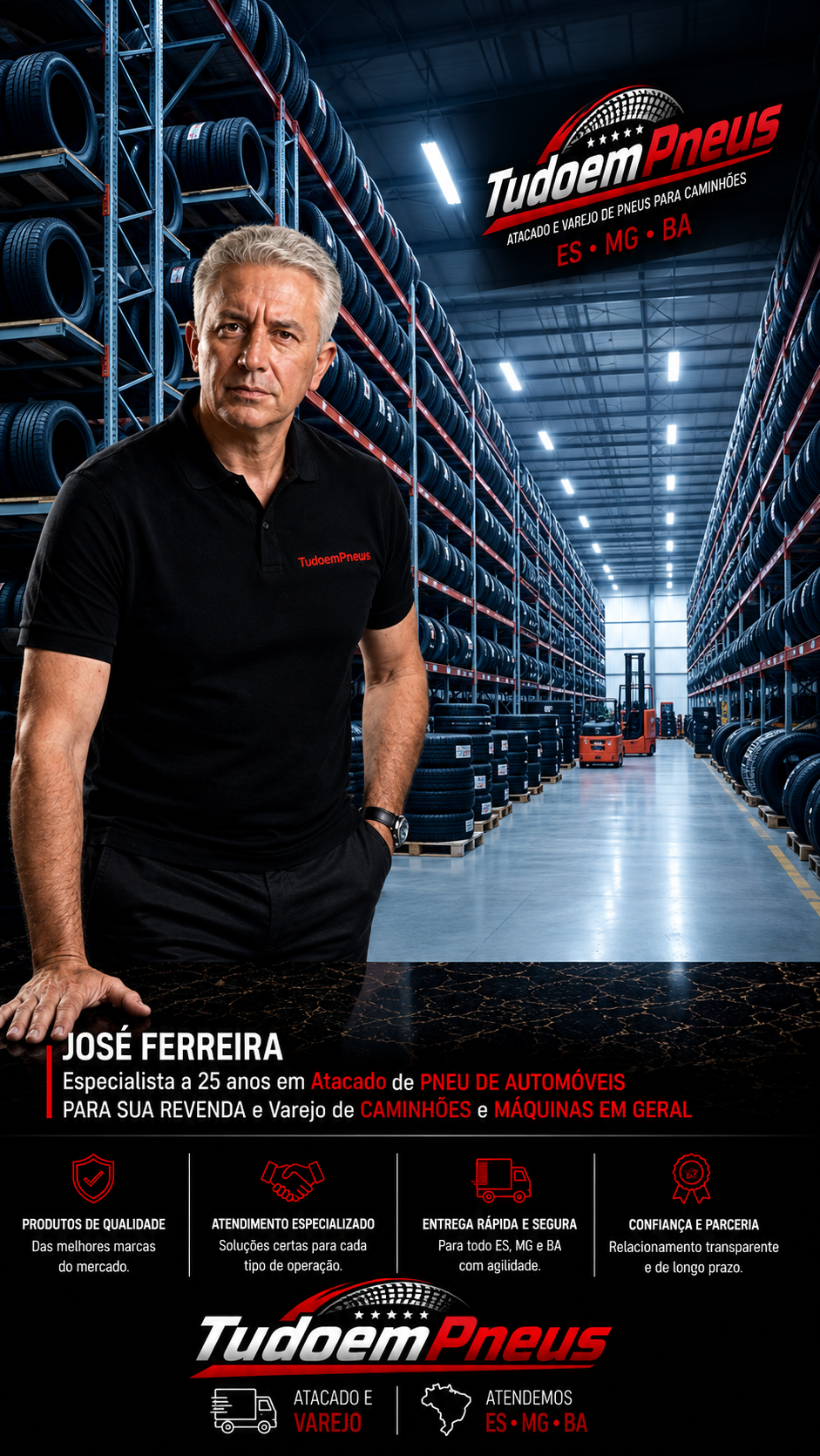 Especialista da TudoemPneus em ambiente profissional do mercado de pneus